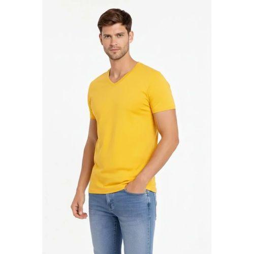 Erkek T-Shirt V Yaka Slim Fit Dar Kesim Likralı Tişört Günlük Basic Body - Limon