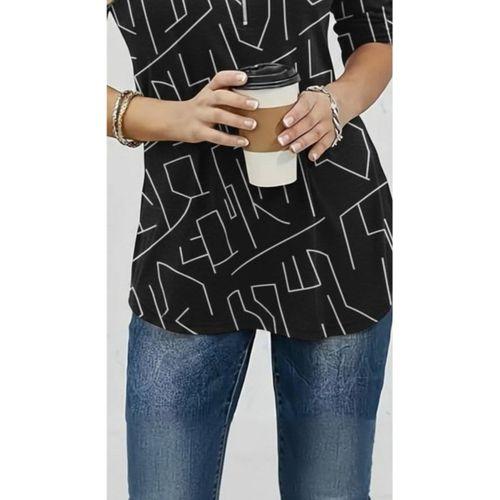 Kadın Uzun Kollu Hakim Yaka Yakadan Fermuarlı Geometrik Desenli Süprem Bluz