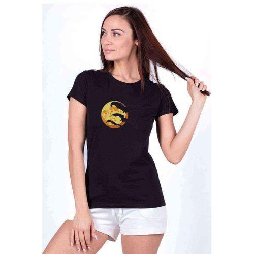 Silhouette Orange Halloween Moon with Bats Baskılı Siyah Kadın Tshirt