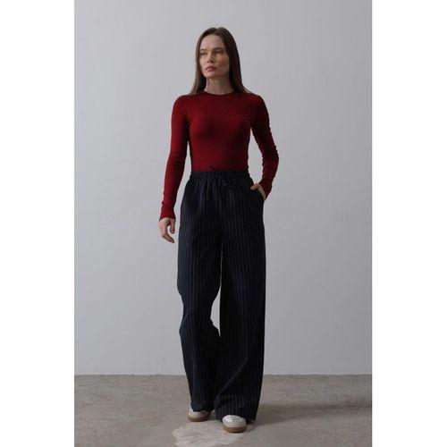 Beli Lastikli Bol Paça Pantolon - Lacivert-Beyaz