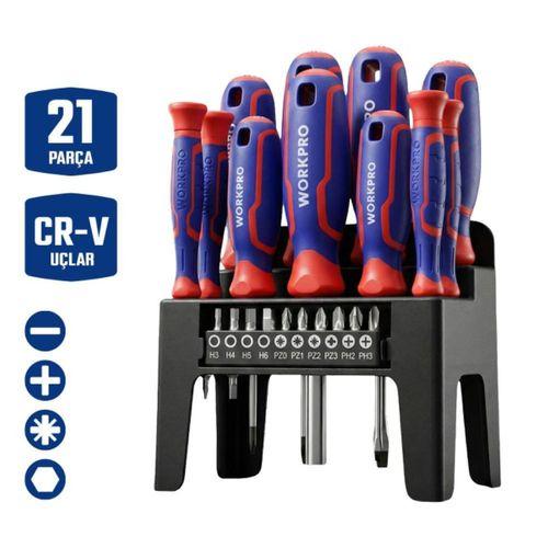 WORKPRO WP200551 21 Parça CR-V Duvar Askı Aparatlı Profesyonel Manyetik Tornavida Seti