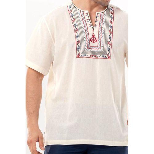 Kısa Kol Şile Bezi Bisiklet Yaka Bahriyeli Erkek Yazlık T-shirt Krem Krm