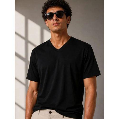 Erkek V Yaka Basic Tişört Kısa Kol Yazlık Regular Fit T-Shirt - Siyah