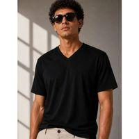 Erkek V Yaka Basic Tişört Kısa Kol Yazlık Regular Fit T-Shirt - Siyah
