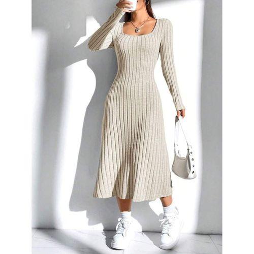 Kadın Uzun Kollu Kare Yaka Midi Kaşkorse Elbise