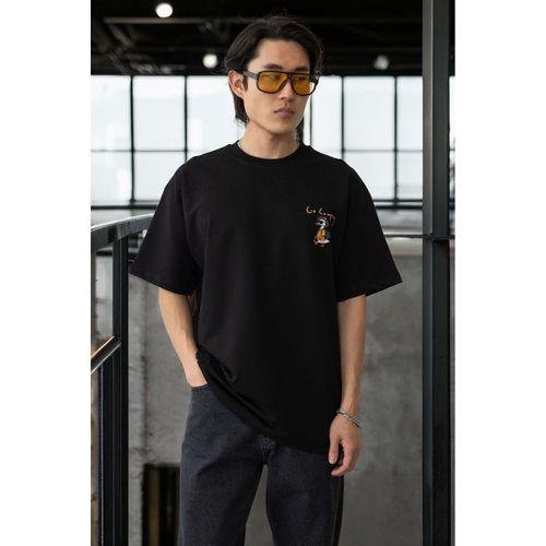 Cep Baskılı İki İplik Kumaş Pamuklu Oversize Erkek T-Shirt - Siyah