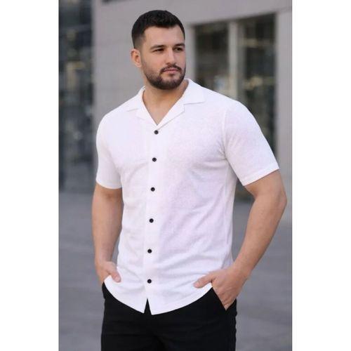 Erkek Waffle Kumaş Kısa Kollu Düğmeli Açık Yaka Regular Fit Gömlek - Beyaz