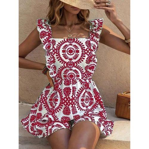 Kadın Askılı Kare Yakalı Arkadan Bağcıklı Desenli Keten Tulum