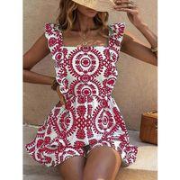 Kadın Askılı Kare Yakalı Arkadan Bağcıklı Desenli Keten Tulum