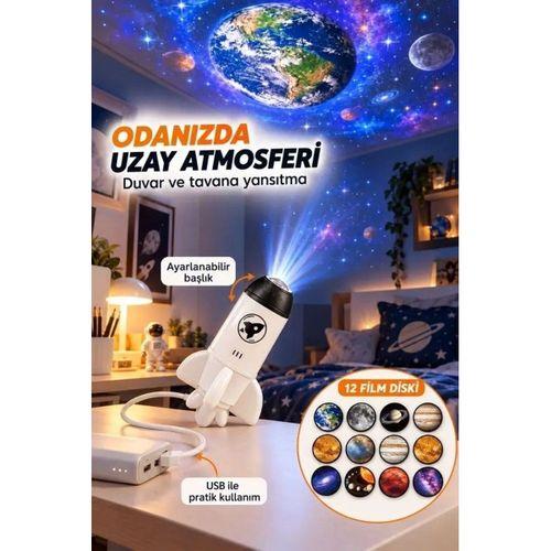 12 Film Diskli Roket Galaksi Projektörü Usb Tak Çalıştır Uzay Ve Gezegen Projeksiyon Gece Lambası