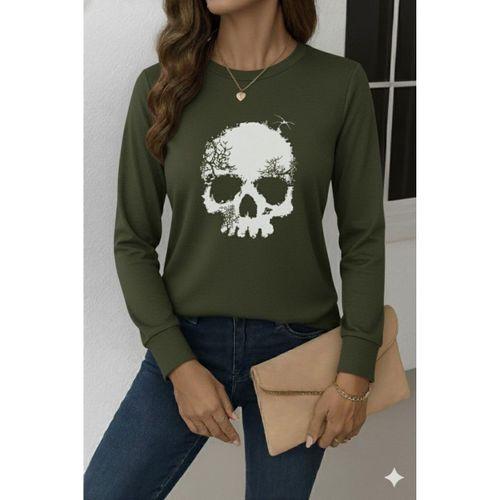 Kadın Uzun Kollu Bisiklet Yaka Kurukafa Desenli Viskon Bluz