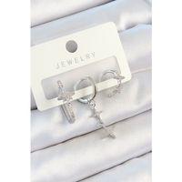 Pirinç Zirkon Taşlı Kelebek Ve Sallantılı Yıldız Model Gümüş Renk 3'lü Çift Kadın Küpe Set