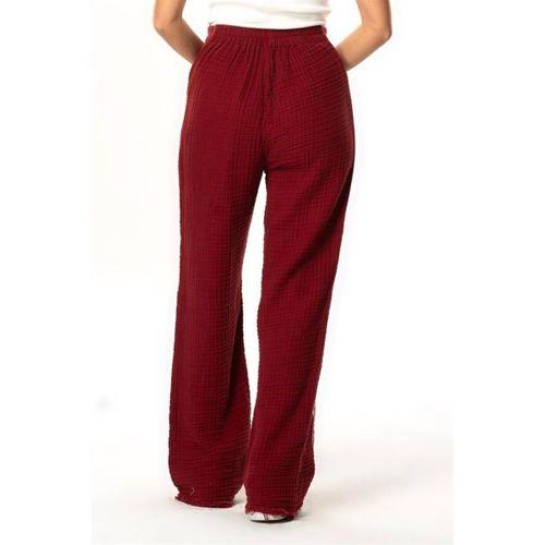 Beli Lastikli Filiz Sonbahar ve Kışlık Nakışlı Double Müslin Pantolon Bordo Brd