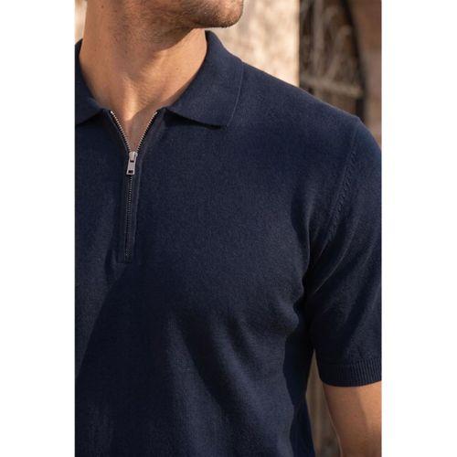 Linus Fermuarlı Polo Yaka Kısa Kollu İnce Triko Erkek T-Shirt - Lacivert