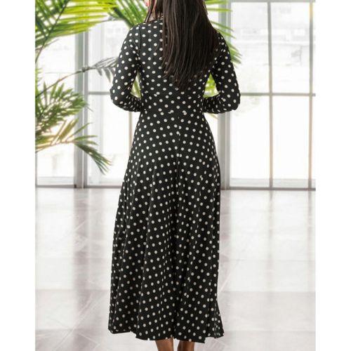 Kadın Siyah Tam Boy Beyaz Puantiyeli Elbise