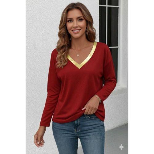 Kadın Uzun Kollu V Parlak Yaka Detaylı Viskon Bluz