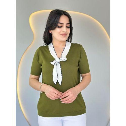 Kadın Kısa Kollu V Yaka Fular Detay Merserize Triko Bbluz
