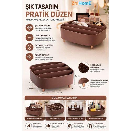 Zhlhome 4 Bölmeli Ayaklı Makyaj ve Takı Organizeri Estetik Tasarım Kahve