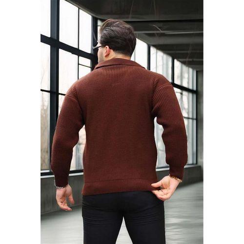 Oversize Gömlek Polo Yaka Selanik Örgülü Erkek Triko Kazak - Kahve