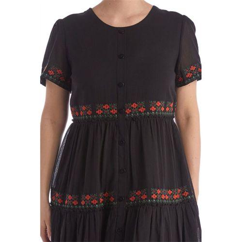 Kısa Kol Siyah Bisiklet Yaka Nakışlı Otantik Vual Kısa Elbise