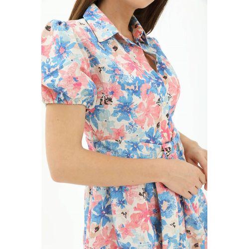 Gömlek Yaka Önü Düğmeli Beli Kuşaklı Çiçek Desen Elbise - Mavi