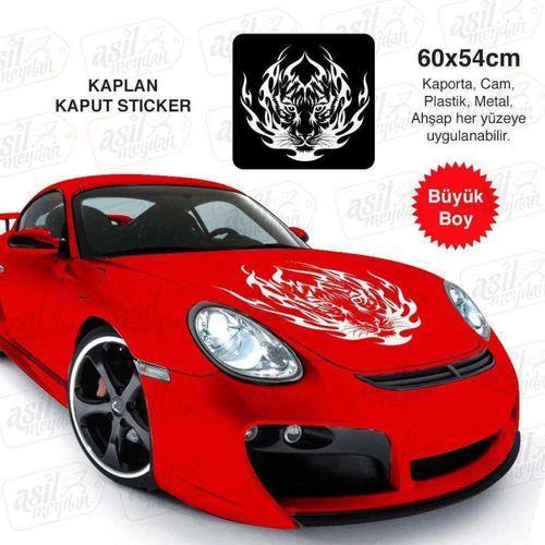 Alev Desenli Kaplan Beyaz Kaput Sticker - Oto, Araba, Etiket, Aksesuar, Tuning, Modifiye, Arma