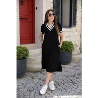 Pilelistore Kadın Kısa Kollu V Yaka Kol Ve Yaka Ribana Detay Midi Boy Viskon Elbise