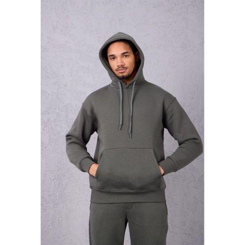 Şardonlu Kanguru Cepli Sweatshirt - 3 İplik Şardonlu Lastik Paça Erkek Eşofman Altı- Eşofman Takımı - Çam Yeşili