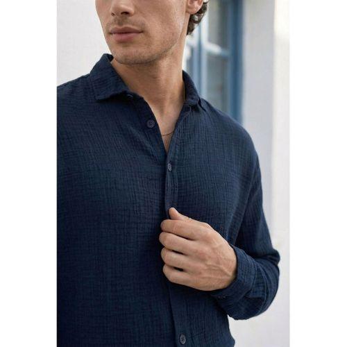 Nefes Alabilir Yarım Oversize Müslin Kumaş Uzun Kol Yakalı Erkek Gömlek - Lacivert