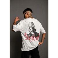 Erkek Oversize Tişört – Beyaz 24/1 Penye Kumaş, Bisiklet Yaka, Ön - Arka Baskılı, Streetwear Tarzı Rahat Büyük Kalıp T-Shirt- Beyaz