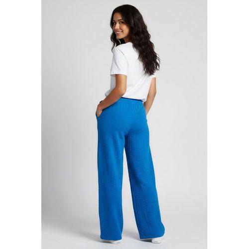 Kadın Bürümcük Kumaş Geniş Paça Pantolon – Rahat Kalıp – Mavi