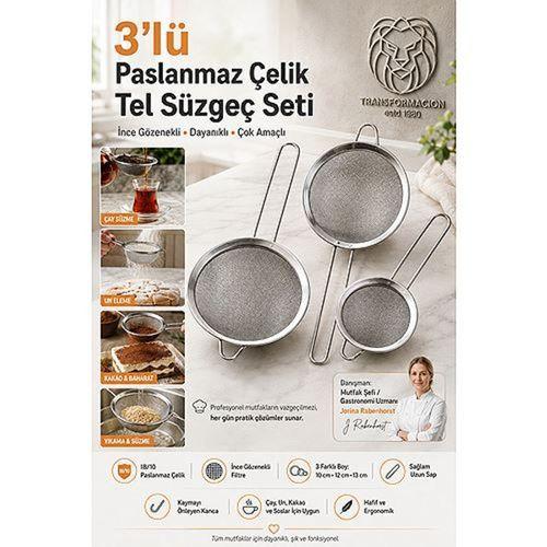 3lü İnce Gözenekli Premium 18/10 Paslanmaz Çelik Mutfak Tel Süzgeç Seti Çay Süzgeci Un Kakao Eleği 723475