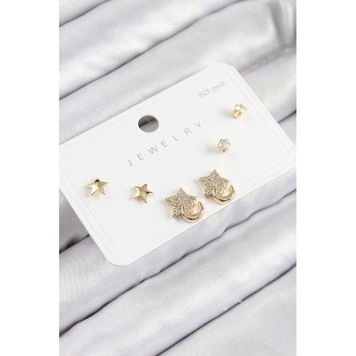 Pirinç Zirkon Taşlı Yıldız Model Gold Renk 925 Ayar Gümüş Çivi Kadın Küpe Set