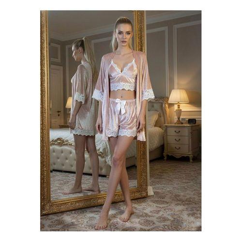 Pudra Kadife Dantelli Sabahlık & Gecelik Takım 3' Lü - 1438