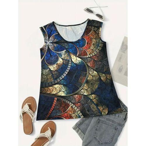 Kadın Sıfır Kol Yuvarlak Yaka Karışık Renkli Baskılı Süprem Bluz