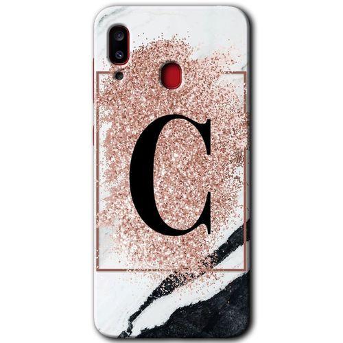 MRCİLETİSİM Samsung Galaxy A30 Kılıf Baskılı Kapak - Pembe Mermer Desenli C Harfi + 5D Tam Kaplayan Cam