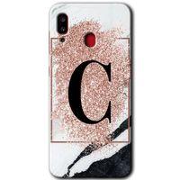 MRCİLETİSİM Samsung Galaxy A30 Kılıf Baskılı Kapak - Pembe Mermer Desenli C Harfi + 5D Tam Kaplayan Cam