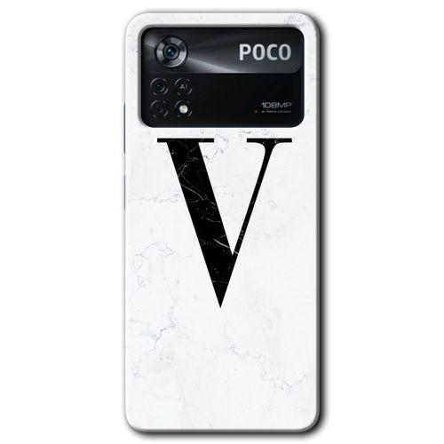 Poco x4 Pro Kılıf HD Desen Baskılı Arka Kapak + Temperli Cam - Beyaz Mermer Desenli V Harfi