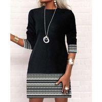 Kadın Uzun Kollu Bisiklet Yaka Kol Ağzı Ve Etek Ucu Baskılı Iki Iplik Elbise