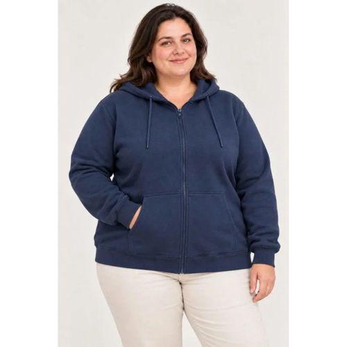 Battal Büyük Beden Üç İplik İçi Şardonlu Kapüşonlu Tam Fermuarlı Kışlık Sweatshirt - Lacivert