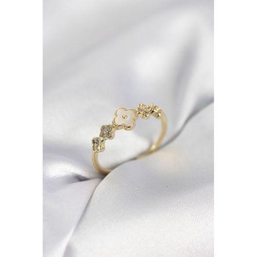 Gold Renk Minimal Yonca ve Zirkon Taşlı Kadın Yüzük