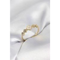 Gold Renk Minimal Yonca ve Zirkon Taşlı Kadın Yüzük