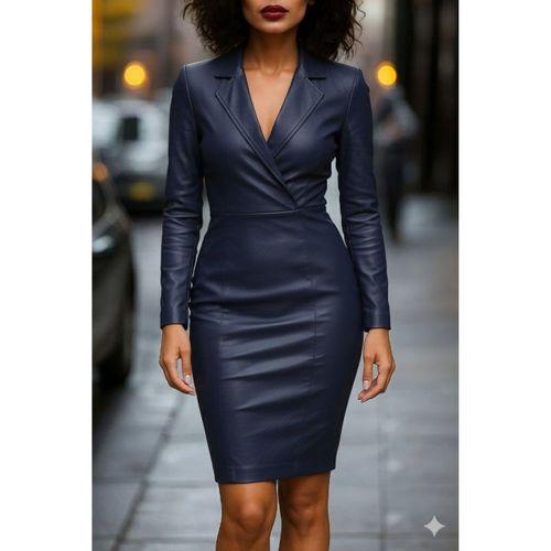 Kadın Uzun Kollu Yakalı Mini Deri Elbise