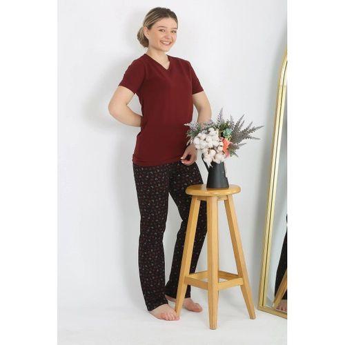Kadın Kısa Kol Pamuk Penye Pijama Takım Bordo