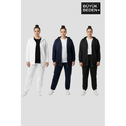 Erkek Büyük Beden Fermuarlı Kapüşonlu 3  lü Set ince Sweatshirt Hırka - Rahat Kalıp SPR26BHRK960+3