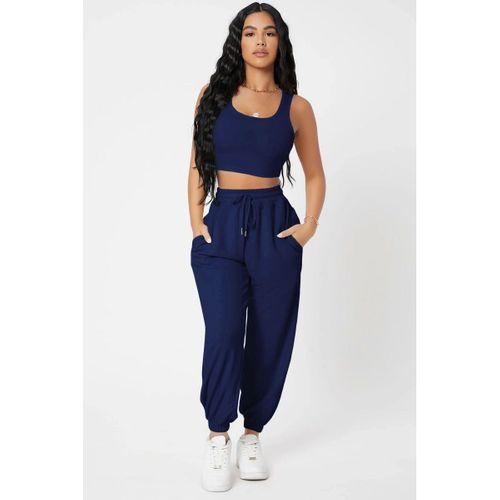 Kadın Laciver Premium Görünümlü Kaşkorse Cepli Jogger Eşofman Altı Ve Crop Top Bluz Takımı