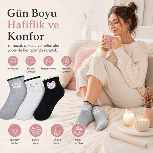 Kadın Kedi Desenli Kısa Konç Çorap 6'lı | %80 Pamuklu Dikişsiz, Siyah Beyaz Gri