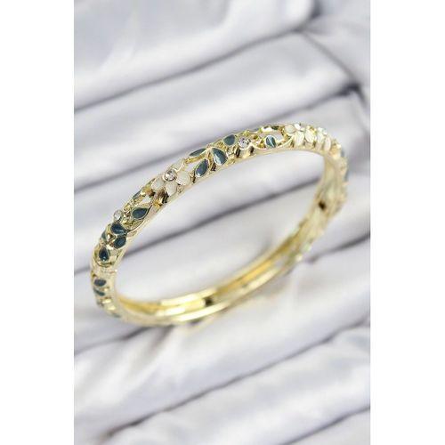 Mineli Pirinç Zirkon Taşlı Yeşil Krem Çiçek Motifli Gold Kadın Kelepçe
