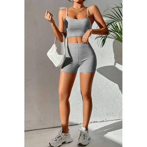 Kadın Gri Kaşkorse Şortlu Crop Atlet Takım Esnek Kumaş Yüksek Bel