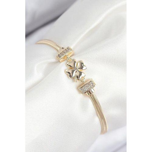 Pirinç Zirkon Taşlı Yonca Model Gold Renk Kadın Bileklik